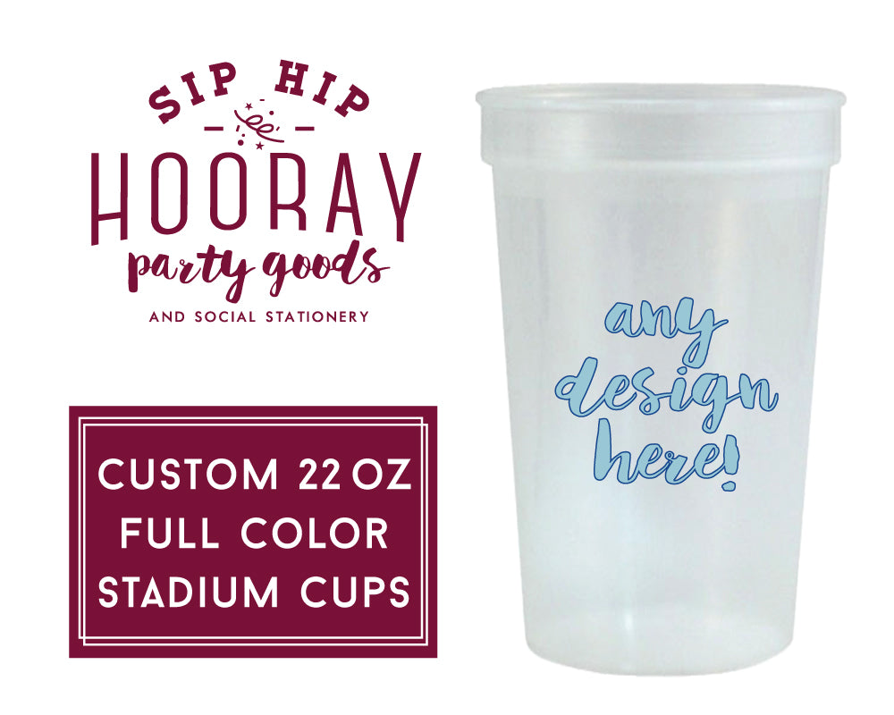 Personalized 22oz Full Color Stadium Cups, Custom Watercolor Wedding Crest Cups, Reusable Plastic Party Cups