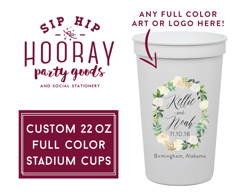 Personalized 22oz Full Color Stadium Cups, Custom Watercolor Wedding Crest Cups, Reusable Plastic Party Cups