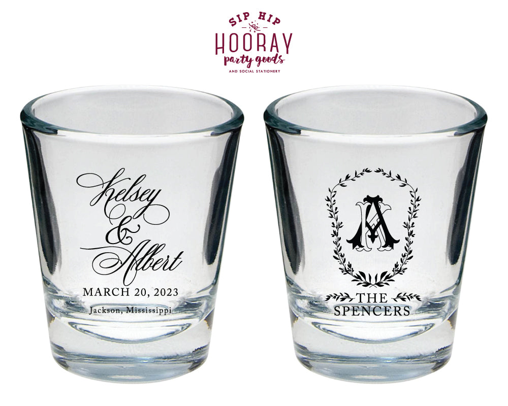 Formal Floral Crest Monogram Wedding Shot Glasses, #3007