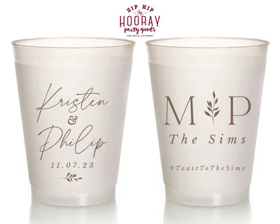 Modern Wedding Monogram with Leaves Frosted Cups, #3010