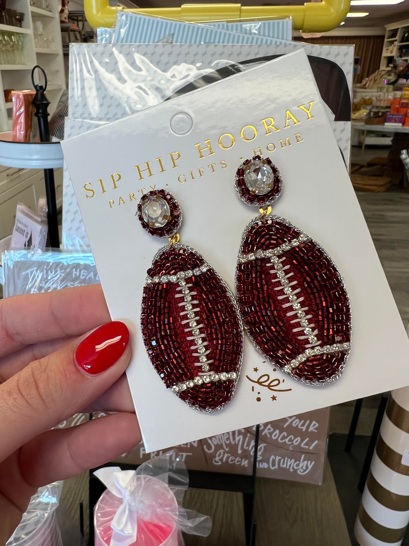 Maroon Football Statement Beaded Earrings