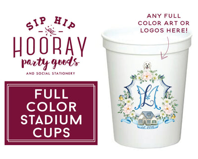 Custom Full Color Stadium Cups, Wedding Crest Cup, Multi Color Digital Cups, Reusable Wedding Favors, Plastic Party Cups