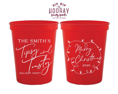 Merry Christmas, Personalized Holiday Party Cups, Tipsy And Toasty, Custom Reusable 16oz Stadium Cups, Xmas Wedding Favors, Unique Gifts