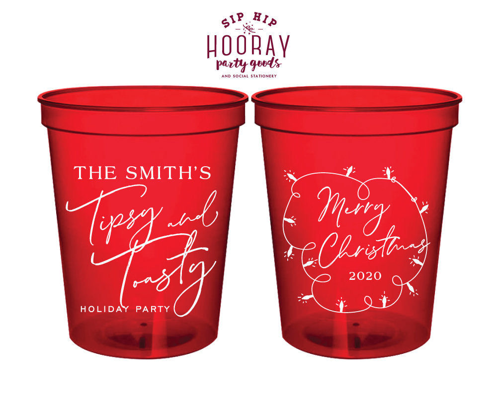 Merry Christmas, Personalized Holiday Party Cups, Tipsy And Toasty, Custom Reusable 16oz Stadium Cups, Xmas Wedding Favors, Unique Gifts